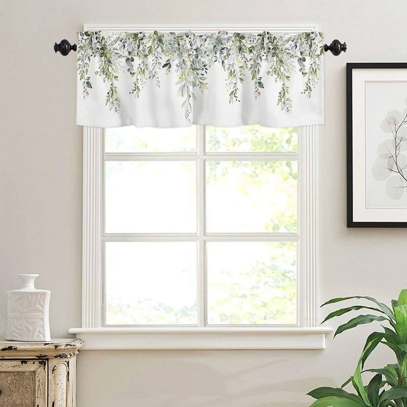 Sage Green Curtain Valance For Windows Watercolor Eucalyptus Leaf Rod Pocket Valance Window Treatments Plant Leaves 137X45cm