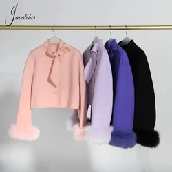 Jxwatcher Wool Coats with Real Fur 2024 Autumn Elegant Woman Coat Ladies Fashion Double Face Cashmere Jacket Solid Color Female