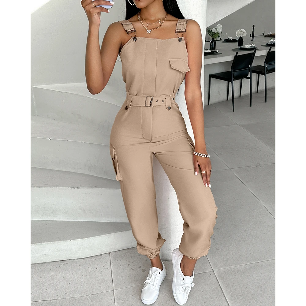 Summer Femme Kawaii Pocket Sleeveless Cargo Overalls One-pieces Jumpsuit With Belt Full Body Jumpsuit y2k Pink Outfits for Woman