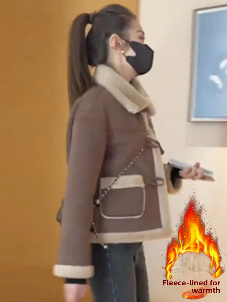 معطف فرو الخروف ort للنساء Thiened Fce خريف شتاء جديد Faion حجم صغير تخفيف Sle دافئ طويل Sve زر حتى