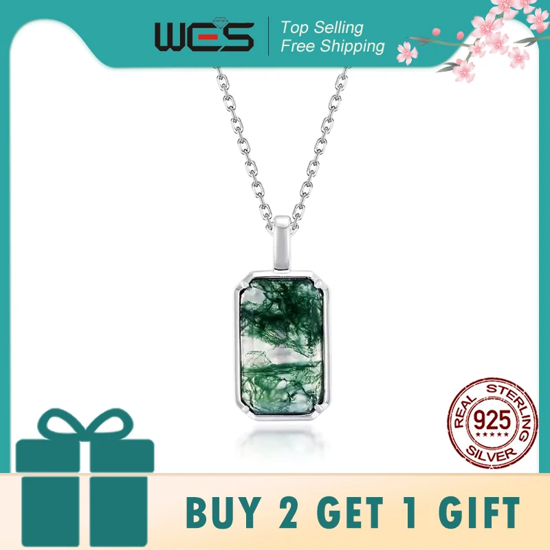 

WES 925 Sterling Silver Pendant Necklace for Woman Natural Gemstone 8*13mm Moss Agate Wedding Gifts Fine Jewelry Wholesale