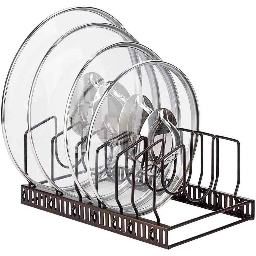 

Pot Lids Organizer Rack Cabinet Countertop, 7+ Pan Lids Bakeware Organizer Rack Holder with 7 Adjustable Components - Brown