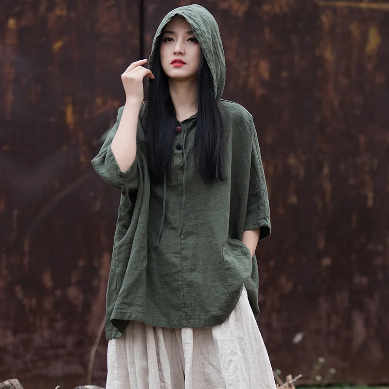 

Ramie Cotton Stone Washed Hooded Sunscreen Spring and Summer Linen Women's New Half Sleeve T-shirt
