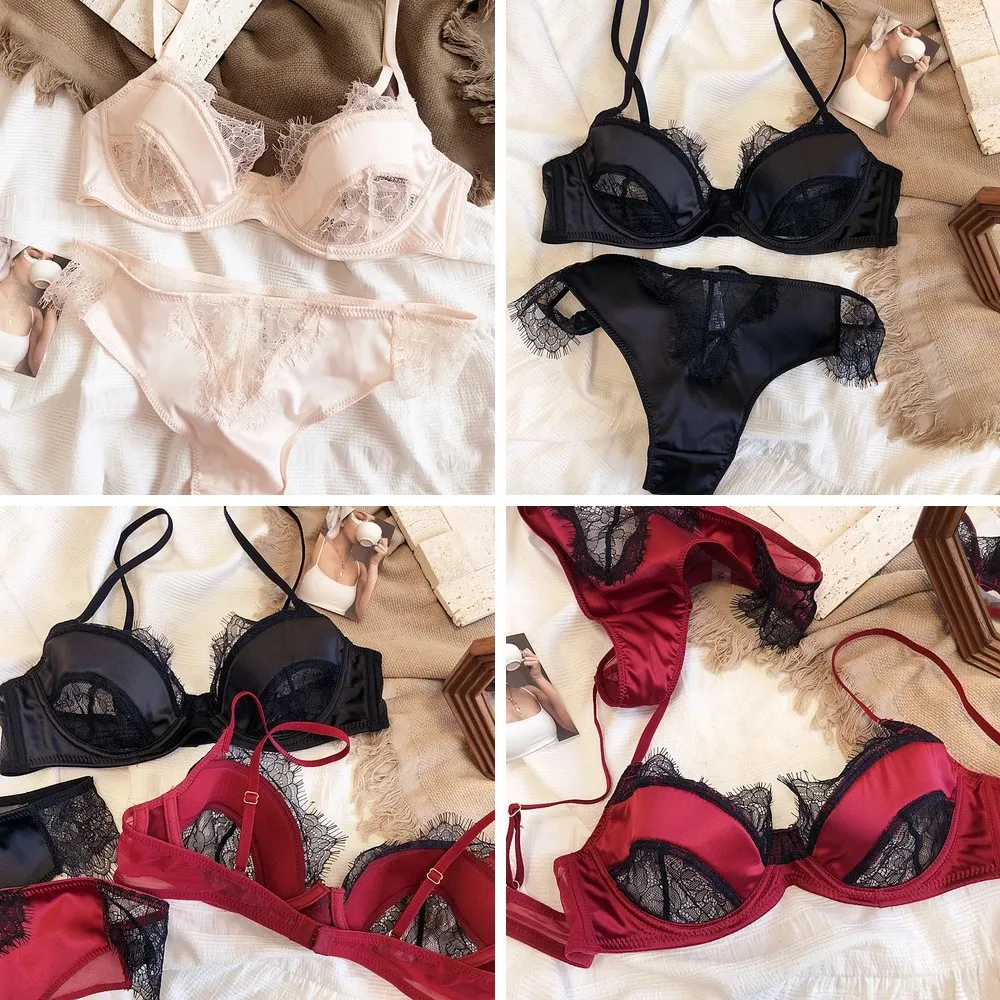 Sexy Lace Lingerie Set with Push Up Bra, Satin Stitching & Hollow Design