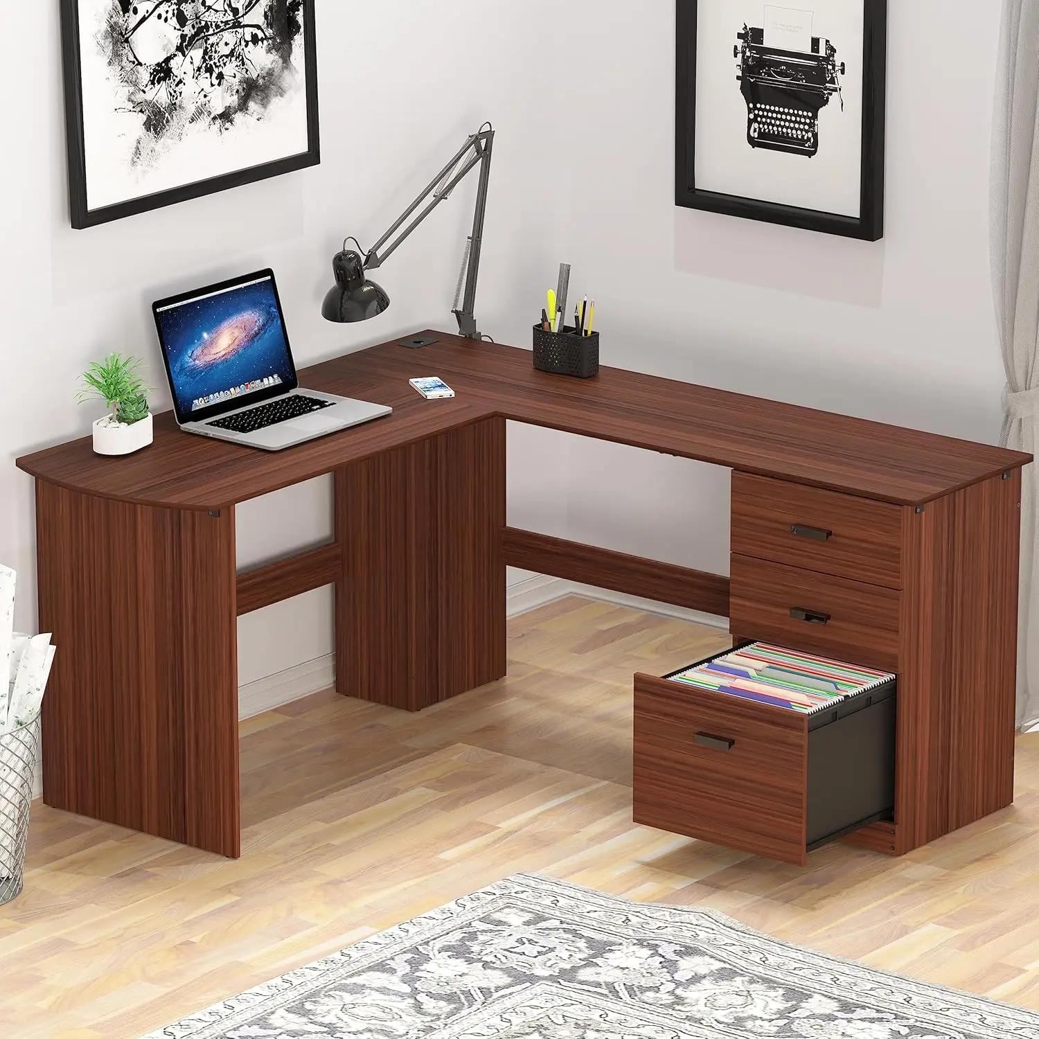 L-Shaped Home Office Wood Corner Desk With 3 Drawers, Walnut