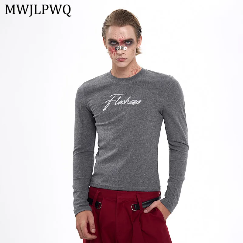 

MWJLPWQ Sequin Embroidery Design Street T-Shirt For Men Autumn Round Neck Long Sleeve Men's Base Slim Fit Trendy Tops New 11333