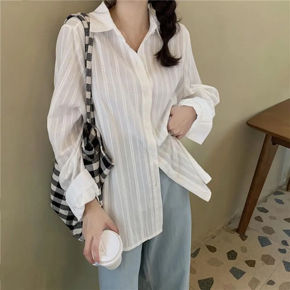 Sweet Strip Shirt Top Thin Casual Long Sleeve Blouse Spring Summer Autumn Sun Protection Button Shirt for Women