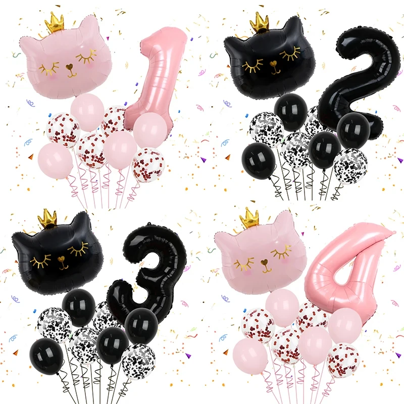 Niedliche Kronen-Katze mit rosa und schwarzen Zahlen-Pailletten – Foto-Requisiten für Geburtstagsfeiern im Alter von 1–9 Jahren, Überraschungsgeschenke und Ballondekorationen