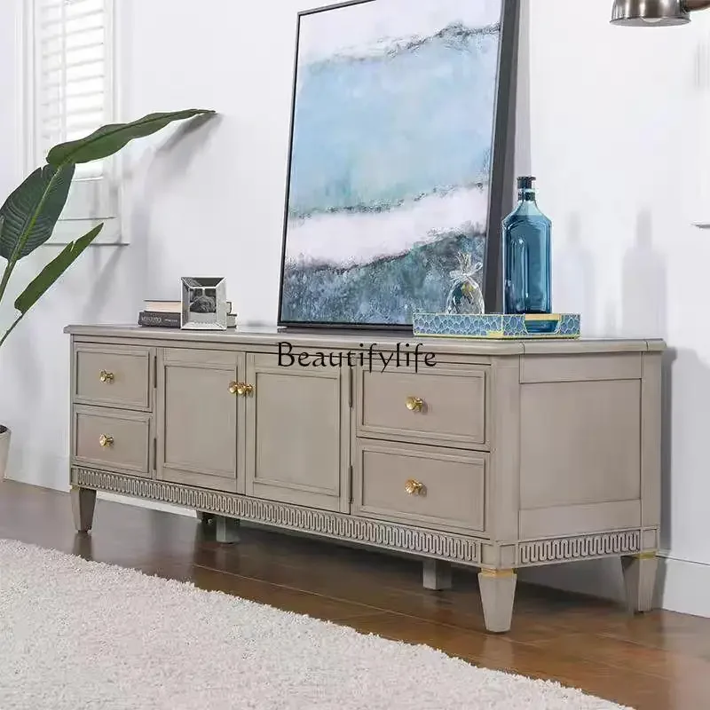 

yj19 American simple full solid wood carving flower TV cabinet retro old living room cabinet