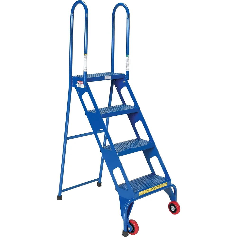 All-Welded l Lock And Roll Folding Ladders With Wheels - 4 Steps - Steel - Blue