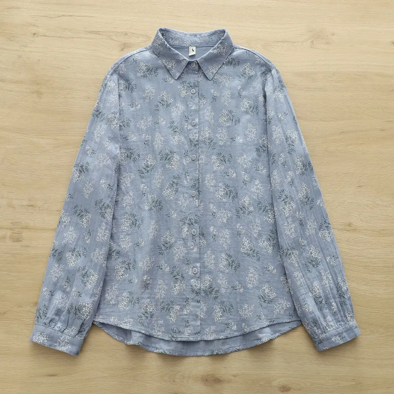 جديد 2025 قميص خريفي بأكمام طويلة من غزل القطن ، بلوزة فضفاضة متعددة الاستخدامات للنساء بياقة مقلوبة مطبوعة ، بلوزة موري جيرل ريترو متعددة الاستخدامات T59257CC