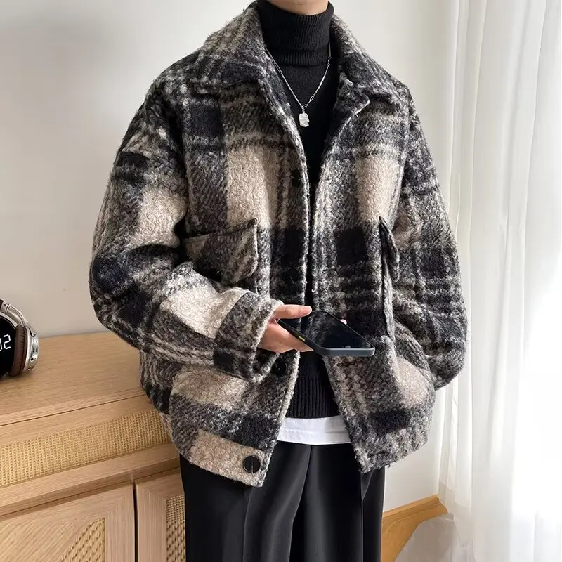 

Thiened Plaid Woolen Coat Casual Collar Men's Cotton Wear Autumn Winter Youth Faion Stand Fit Single Button Closure Lo...