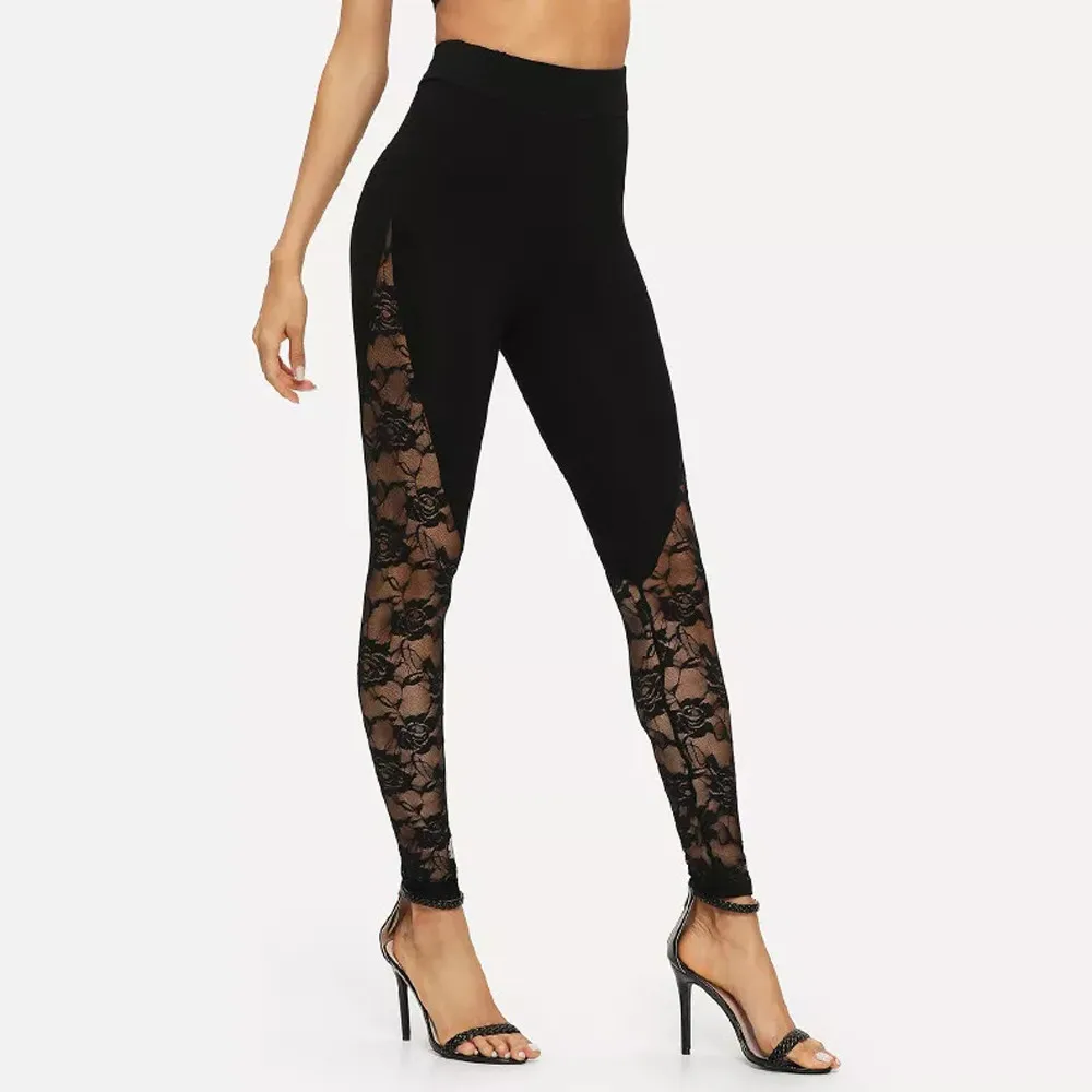 Leggings Sexy in pizzo nero a vita alta da donna pannello laterale in pizzo floreale tagliato Leggings neri abbigliamento Casual Streetwear Y2k