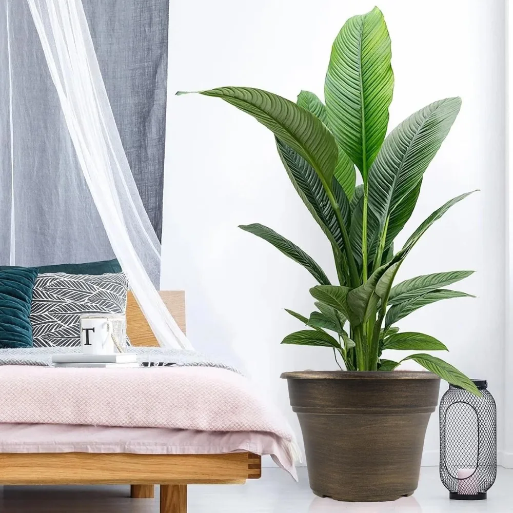 

16 Inch Large Plastic Plant Pots with Saucers, 4-Pack Dark Gold Resin Planters for Indoor Outdoor Garden Plants