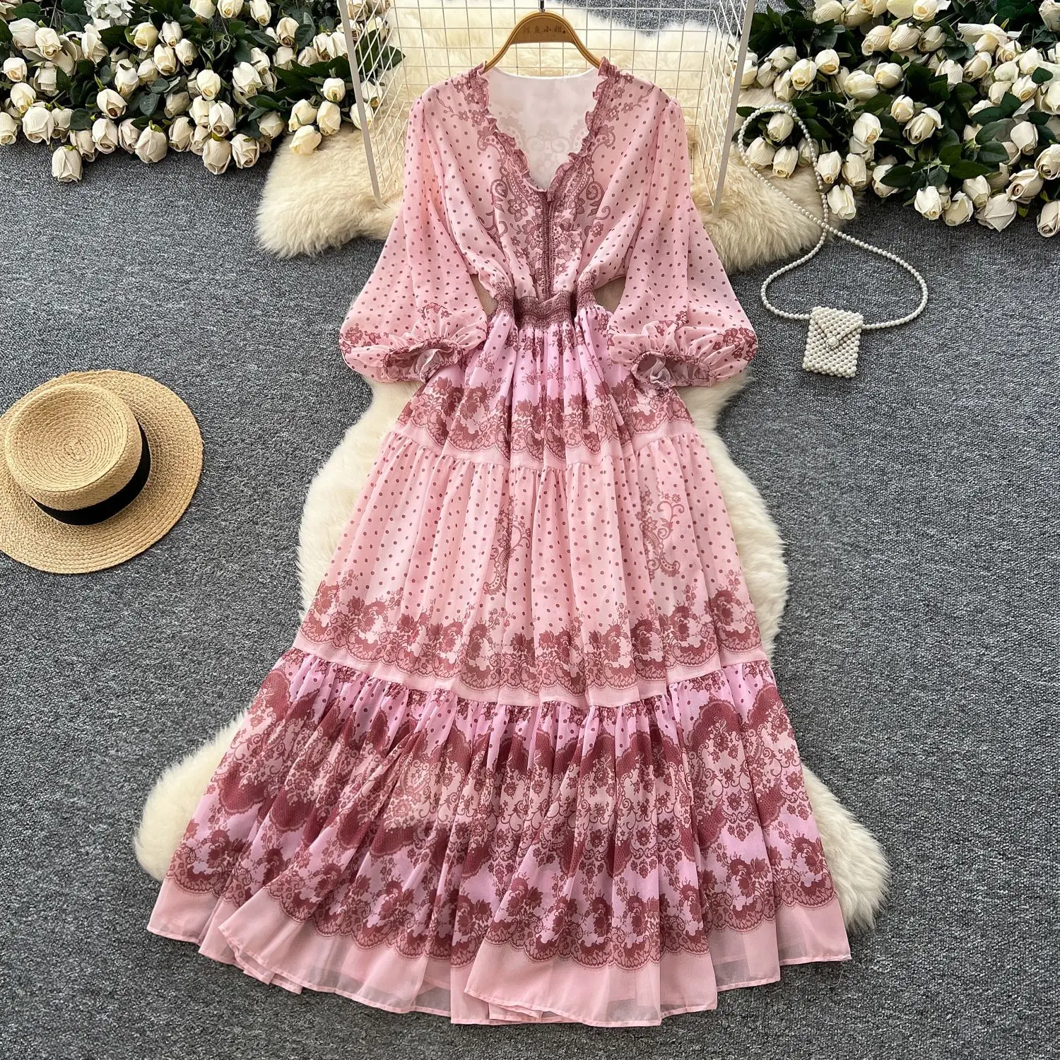 

Long Dress Women Dresses A Line Vestidos V Neck Lantern Sleeve Print Elegant Splice Y2k Streetwear Party Night High Waist 2025