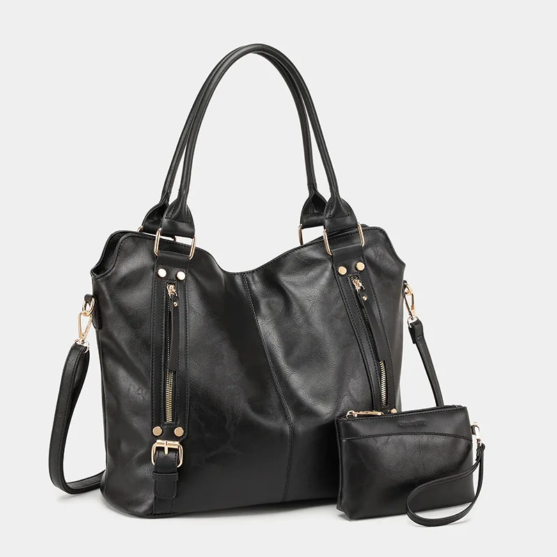 

Black Soft Leather Tote Bag for Women, Side Zipper Decoration, Large Capacity Bag, Commuter Shoulder Handbag, Vintage Oil Wax Leather Tote Bag for Women
