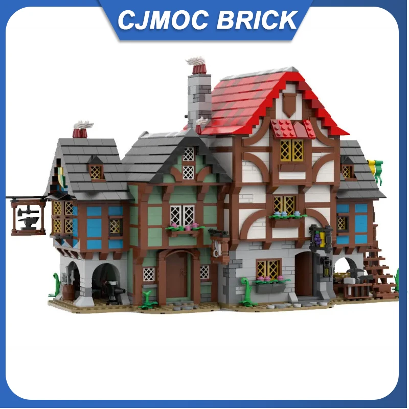 MOC UCS 중세 골목, Inn Blacksmith's Shop 및 Tailor's House 빌딩 블록, DIY 조립 벽돌 MOC-150889, 2421 PCs