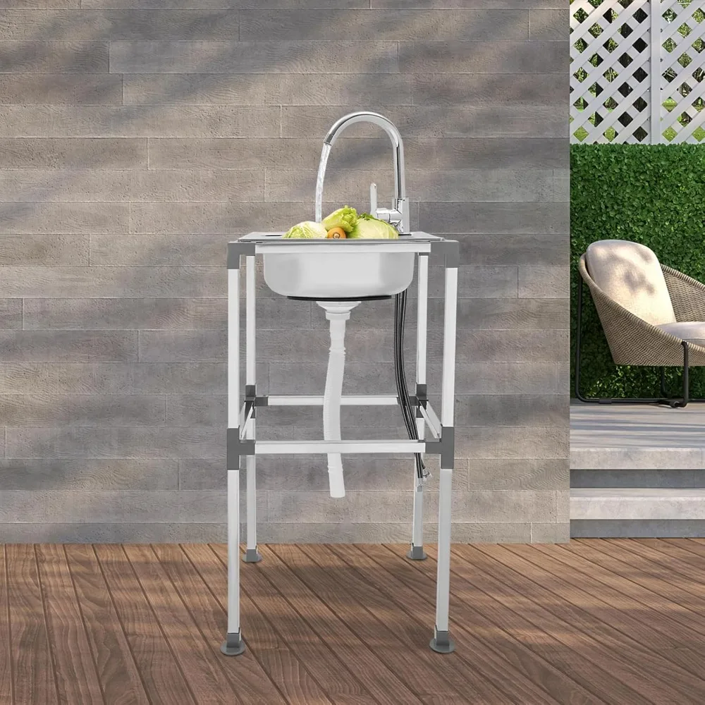 حوض مطبخ ستنلس ستيل حوض غرفة الغسيل 1 مقصورة حوض قائم بذاته ث/صنبور بارد للحديقة بالوعة التجارية 38x33x75 سم