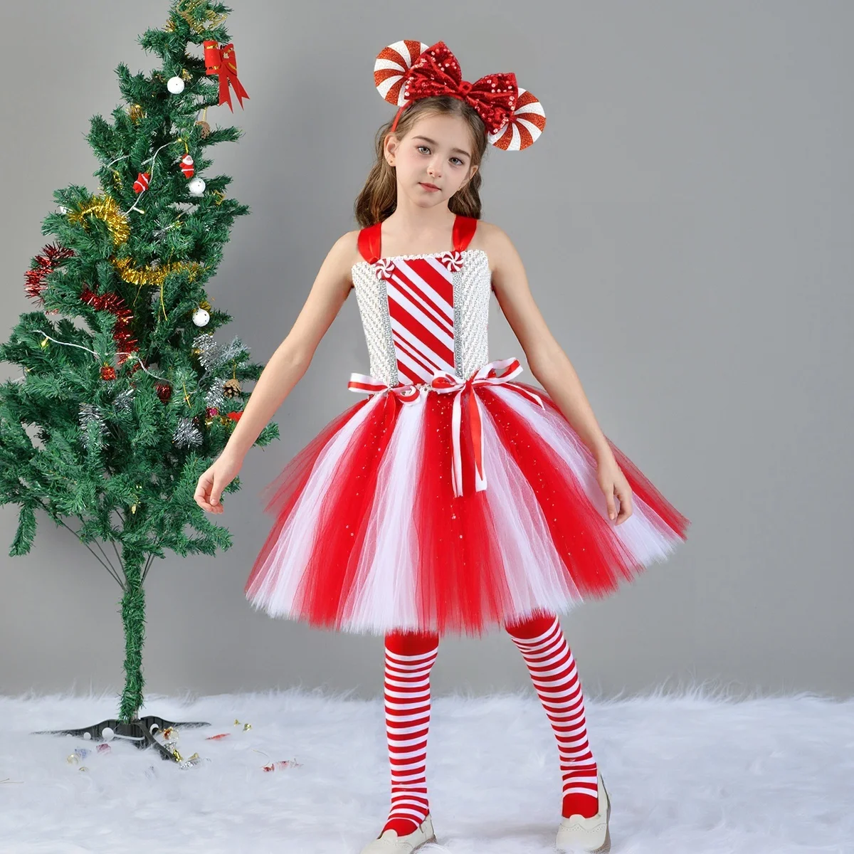 Girls Christmas Candy Cane Tutu Dress Outfits Red White Glittery Mrs Santa Claus Clothing for Kids Festive Holiday Costume