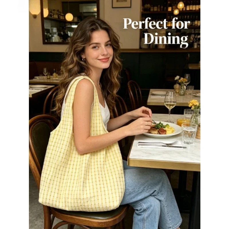 Mint Green Plaid Canvas Shoulder Tote Bag Vibrant Candy Tone Lightweight All-match Summer Outing Refreshing Design image 3
