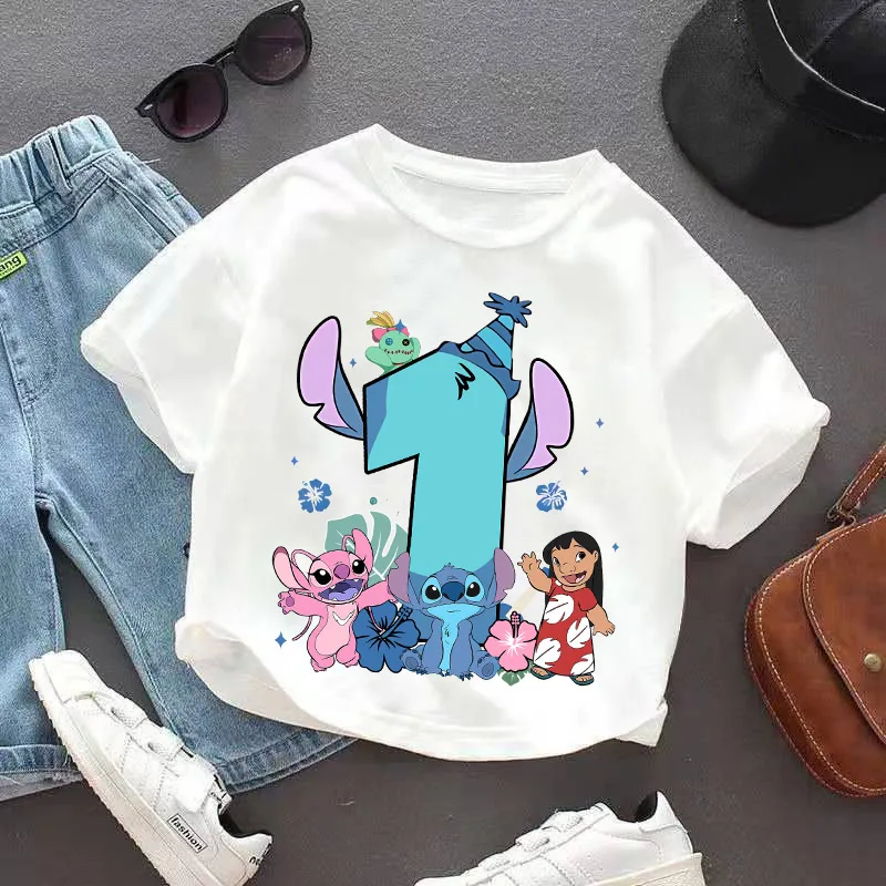 

Disney Lilo&Stitch Child Cotton T-shirt Cartoon Birthday Numbers Print Tops Girls Kawaii Summer Casual Tees Kids Birthday Gifts