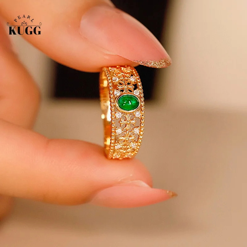 

KUGG 18K Yellow Gold Rings Romantic French Vintage Style Natural Emerald Real Diamond Gemstone Wide Ring for Women Party Jewelry