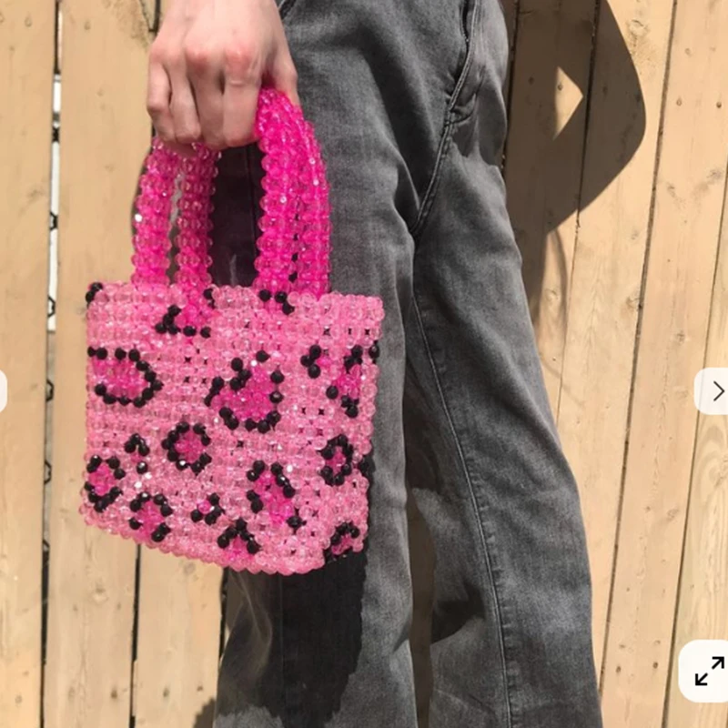 Pink Leopard Print Design Fashionable Women's Bags Acrylic Bead Handmade Handbags for Women Can Be Customized Wholesale Bag