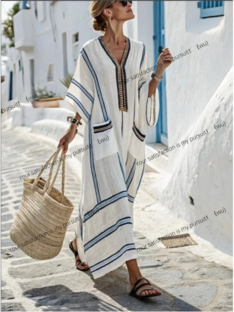 Neue Sommer Große-größe Gestreiften Druck Lange Große-speichen V-ausschnitt Kleid Modische Beiläufige Lose Elegante Tasche Kleid Frauen