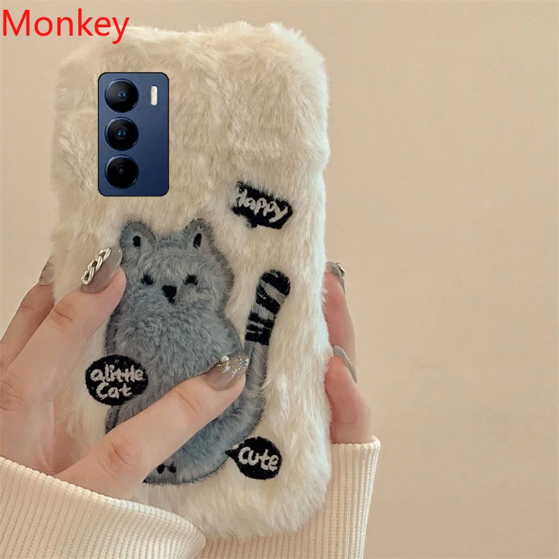 Korean Cute Cat Fur Fluffy Phone Case For VIVO Y35 Y15S Y76 Y33S Y22 Y21 Y20 Y16 Y12A V25 V23 V21 V20 Girl Gift Cover Soft Shell