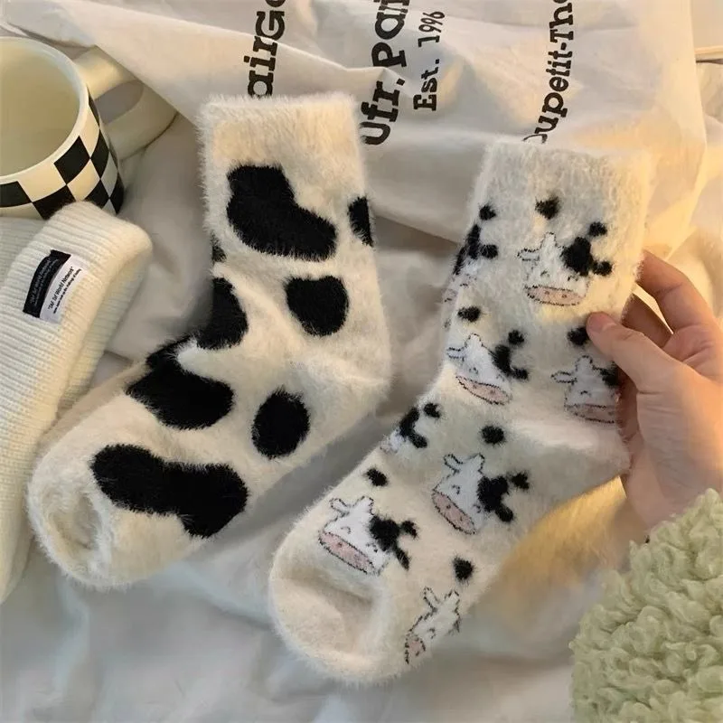 

3pair Sweet Girls Soft Warm Outwear Floor Wear Socks Milk Cow Autumn Socks Women Kawaii Thicken Cashmere Middle Tube Socks