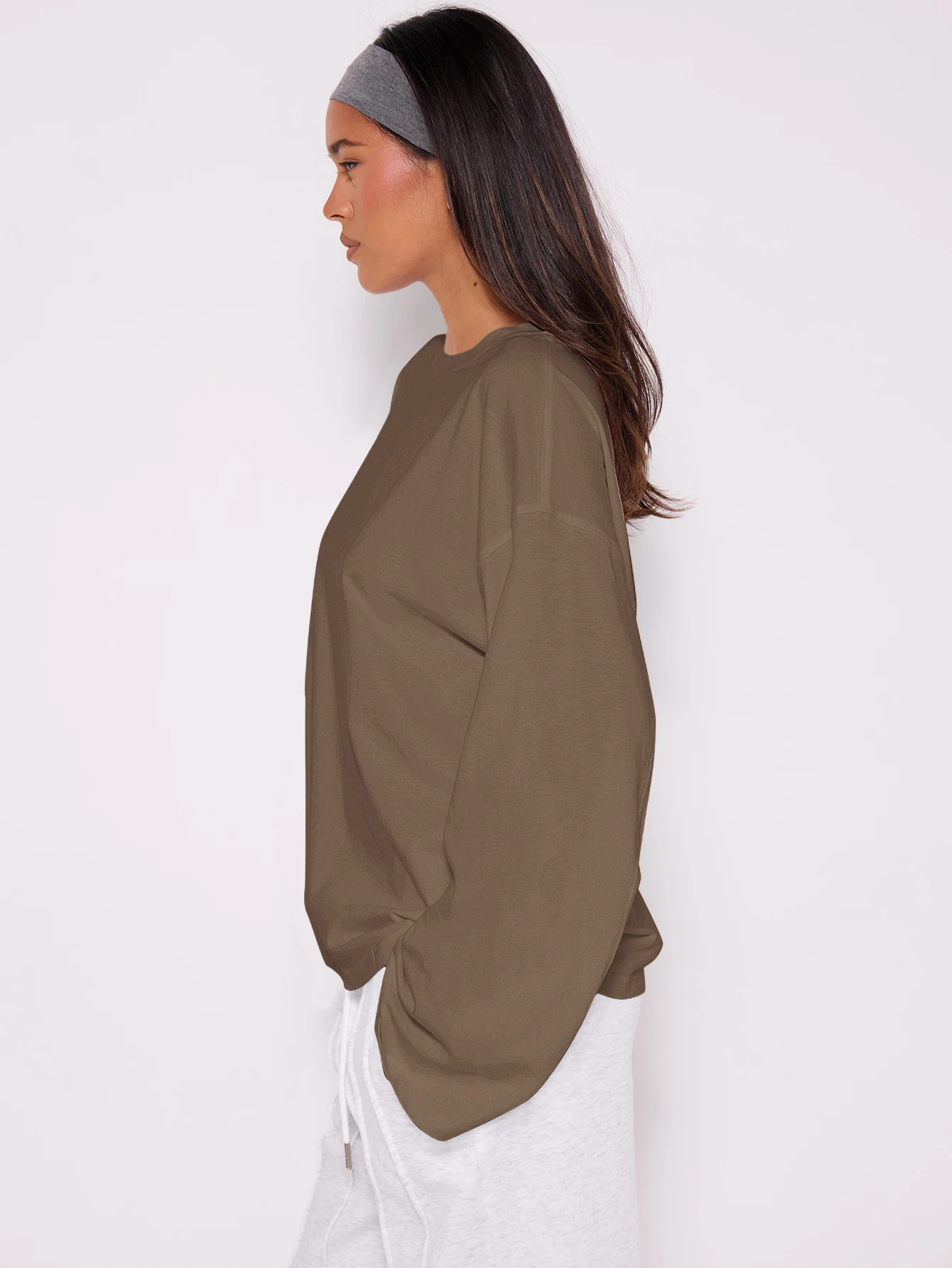 Womens Oversized Long Sleeve T Shirt Clean Girl Minimalist Neutral Crewneck Pullover Tee Blouse Solid Earthy Mocha Brown Color Drop Shoulder Wide Sleeves Slouchy Drape Loose Fit For Spring Autumn Vacation Street Outfits Thanksgiving Christmas Gift