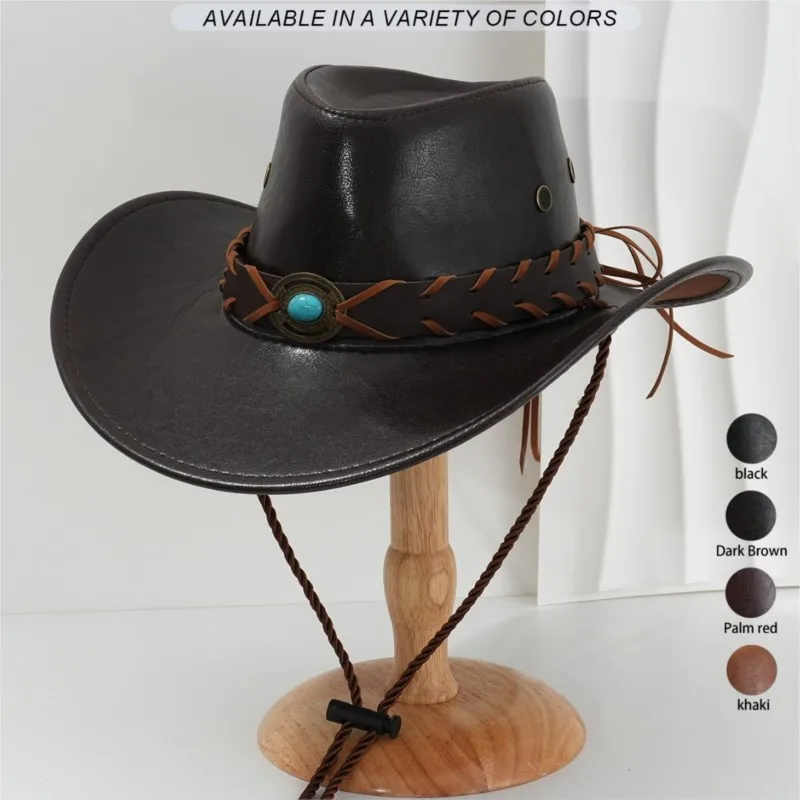 

Dark brown leather hat woven windproof rope wide-brimmed motorcycle personalized outdoor style