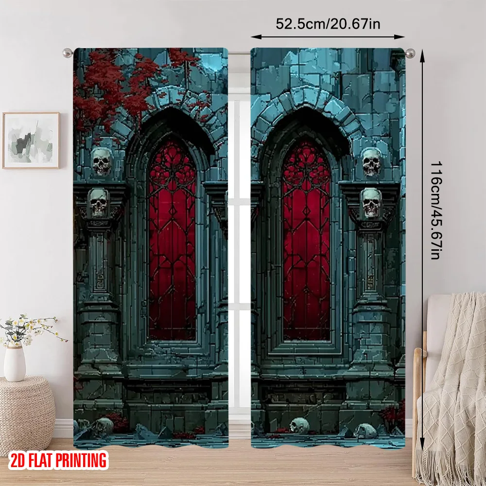 2pcs 2D flat printing Halloween Window Curtains Skull_ grim corridor_ Versatile 100% Polyester Without Electricity Family Party