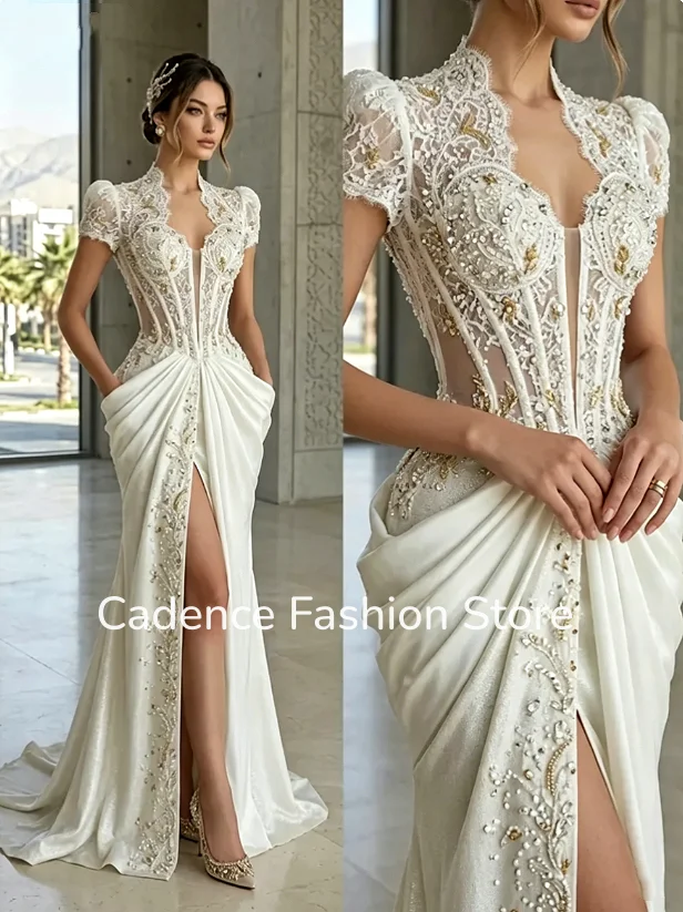 Weißes luxuriöses Fischschwanz-Hochzeitskleid mit V-Ausschnitt, Spitze, durchsichtig, rückenfrei, Vestido Novia, mit Kristallperlen besetzt, plissiert, mit Schlitz, Brautkleid, individuell gestaltet