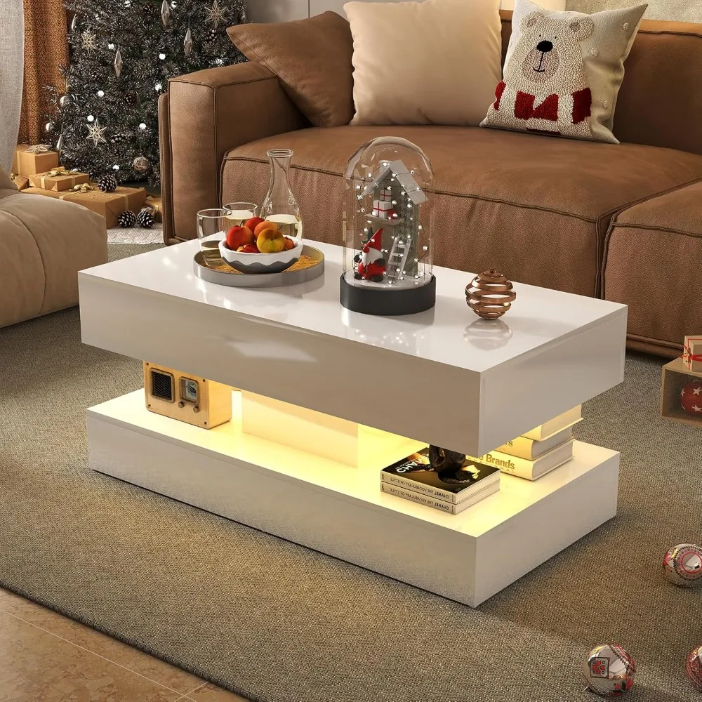

Modern High Gloss LED Coffee Table with Storage, 2-Tier Center Table with Open Display Shelf & 2 Sliding Drawers