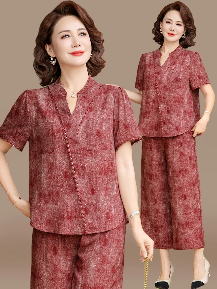 

Повседневный летний комплект из хлопка и льна: футболка с коротким рукавом и шелковая блузка для женщин среднего и старшего возраста, модный свободный крой