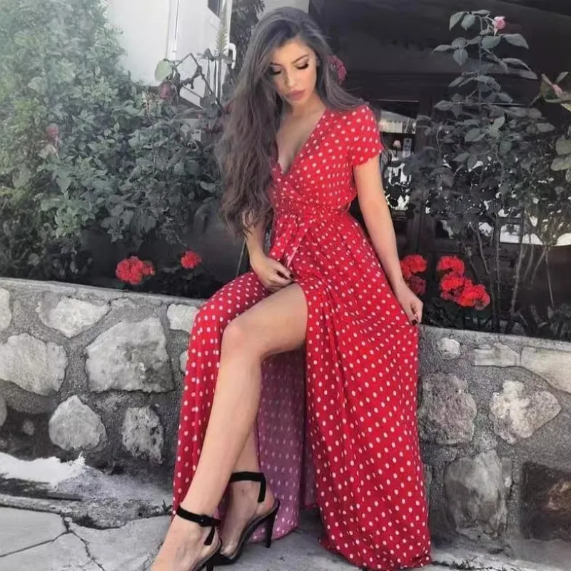 Abito estivo bianco Donna 2025 Abito Boho bianco vintage casual Stampa a pois A-Line Party Abiti lunghi sexy con scollo a V a maniche corte