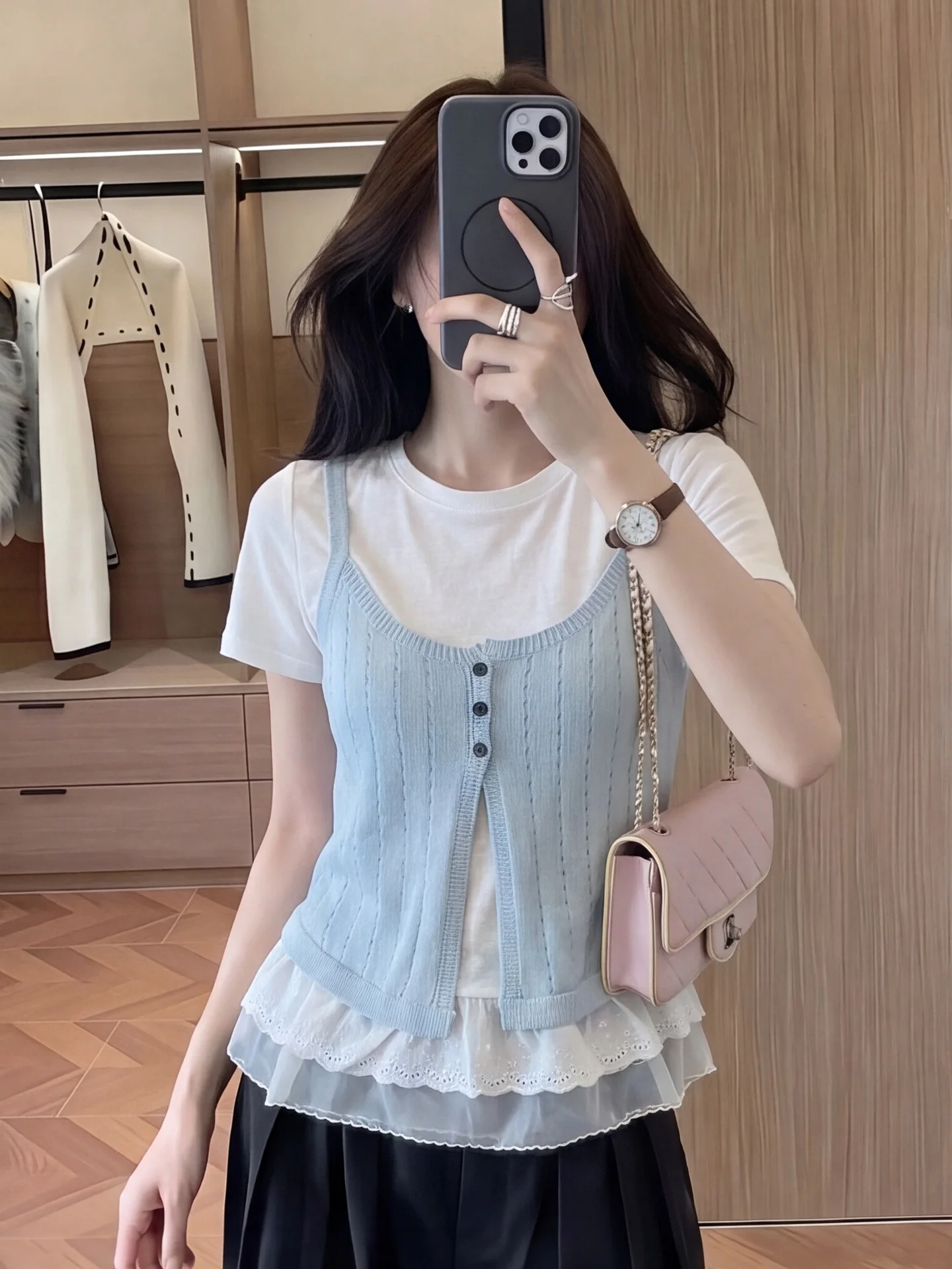

Summer Thin Lace Trim Tank Top And T-Shirt Set Women's Short Sleeve Mesh Overlay Top Korean Style Commute Fashion