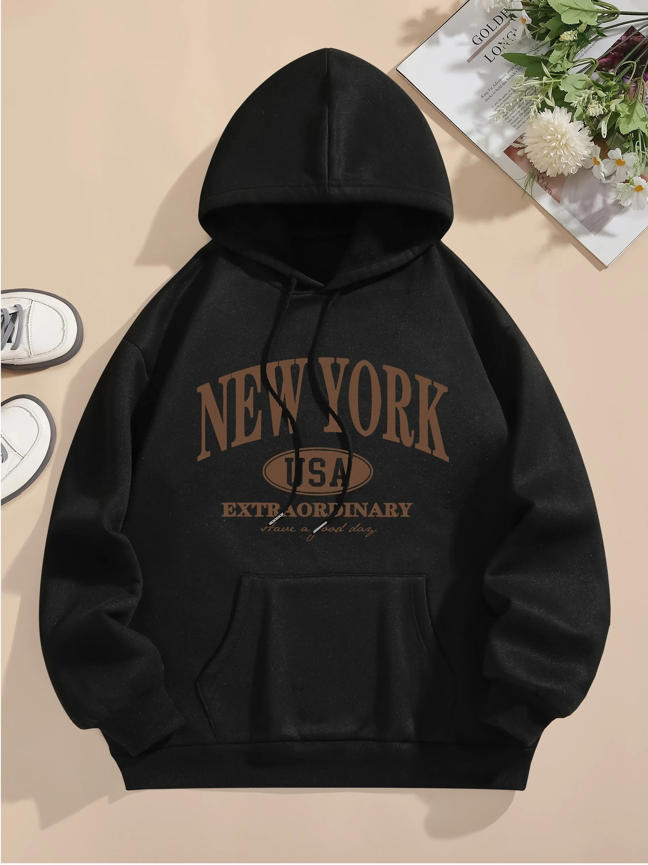 Letter Print Hoodie Drawstring Long Sleeve Casual Hooded Sweatshirt for Women's Oversized Harajuku Pullover Clothing