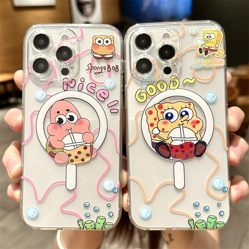 Cute Anime SpongeBobs TPU Case For iPhone 11 12 13 14 15 Pro Max Mini X XS XR 8 7 Plus SE 2020 Soft Clear Magsafe Magnetic Cover