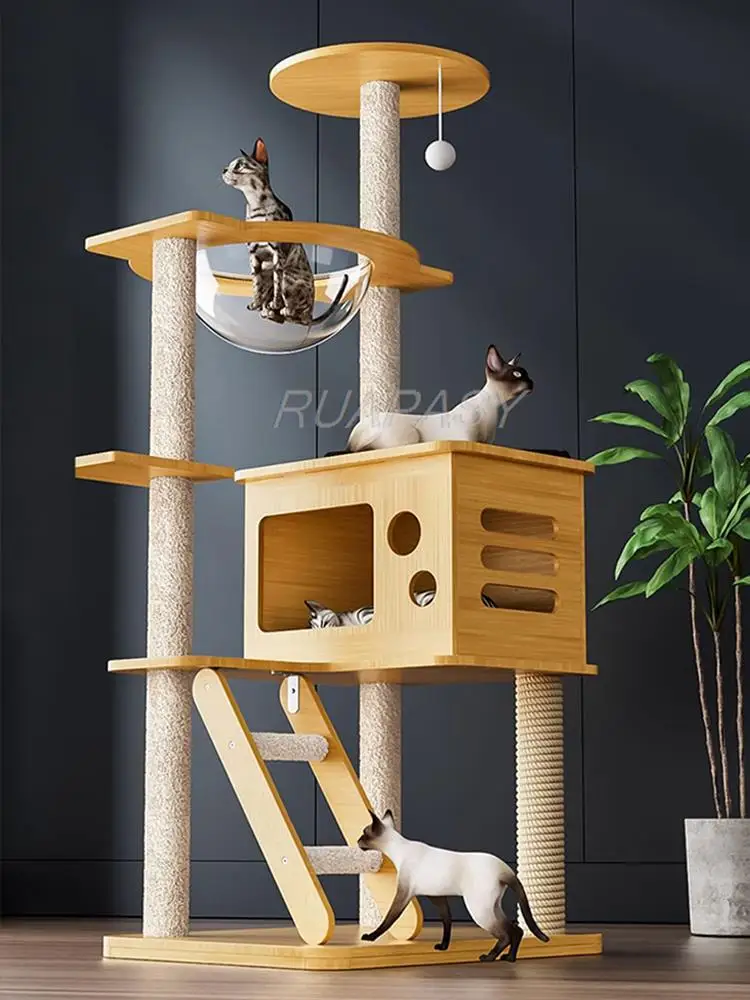 Integrated Multi-Level Cat Tree Nest Wood Cat Climbing Frame Shelf Space Capsule Post Condo Scratching Jumping Platform Tower