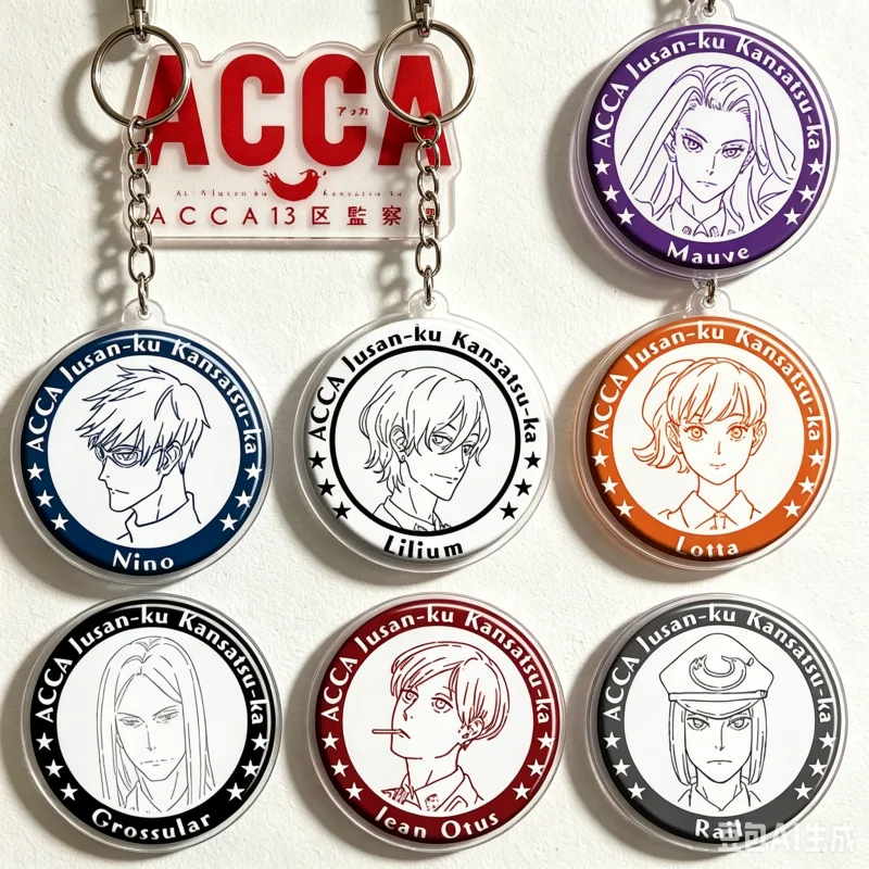Anime ACCA: Departamento de Inspección de los 13 Territorios, llaveros acrílicos de 6 cm de Jean Otus, Nino Lotta y Rail, decoraciones para bolsos, artículos de personajes.