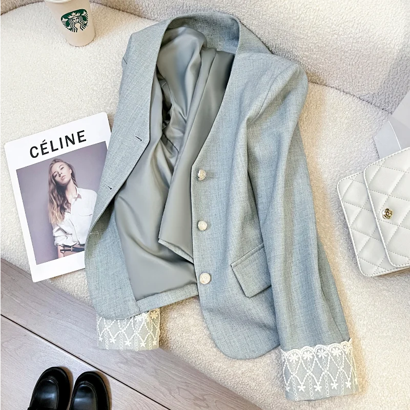 الخامس الرقبة الأزرق الدانتيل الأصفاد عطر صغير دعوى سترة المرأة الربيع والخريف الأزياء الأساسية أنيقة الفرنسية مكتب سيدة سترة