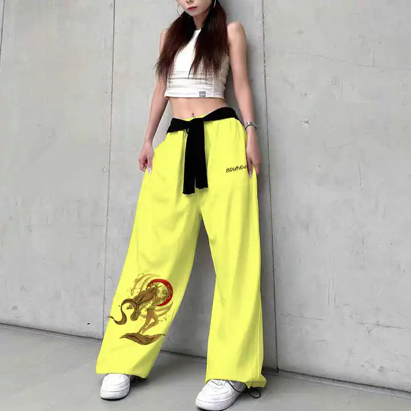 American Style High Waist Wide Leg Pants Dance Street Jazz Hip Hop Casual Long Trousers Drag Floor Ladies Fashion Cotton