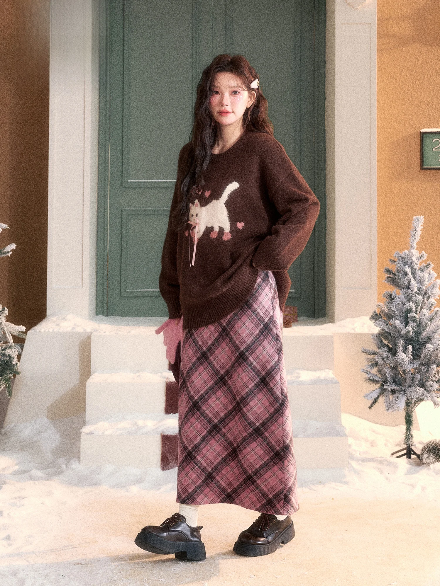 

plus Size Winter Outfit Brown Sweater Plaid Straight Skirt Set Korean Sle Commute High Waist A-Line Skirt Faionable plus ...