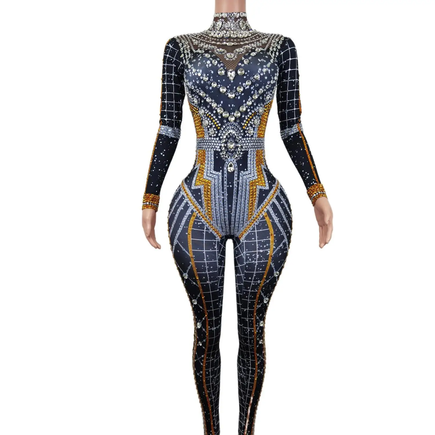 

Women Full Sparkly Crystals Jumpsuits Skinny Long Sleeve Bodysuit Performance Party Celebrate Luxurious Shining Costume Nvwang