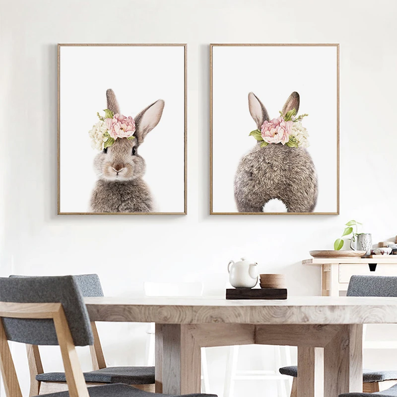 Flower Rabbit Poster Woodland Animal Nursery Canvas Painting Nordic Wall Art Print Picture Kids Baby Room Modern Home Decor