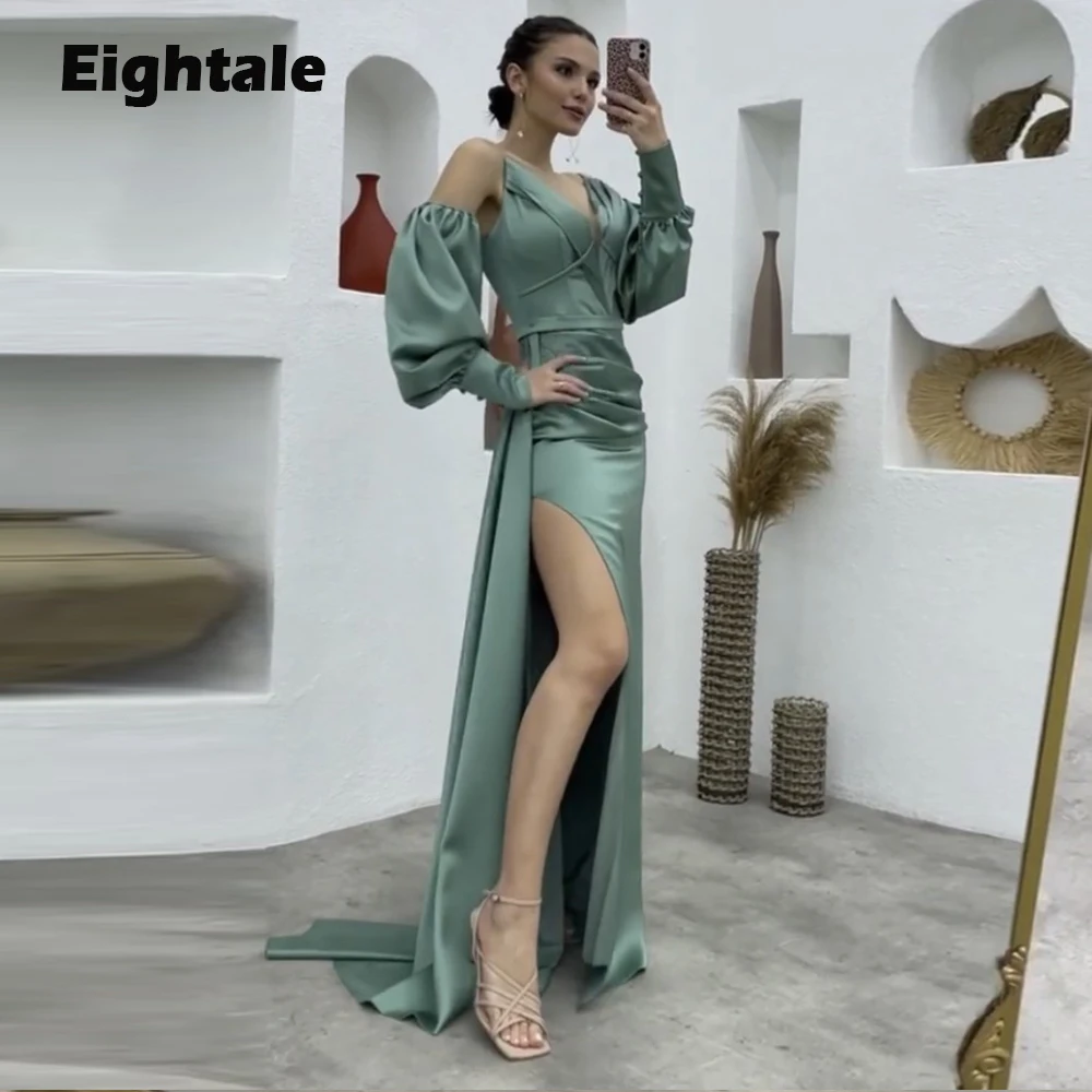 

Eightale Dubai Prom Dresses for Wedding Satin Arabic Evening Gown V-Neck Slit Long Sleeves Mermaid Party Dress robes de soirée