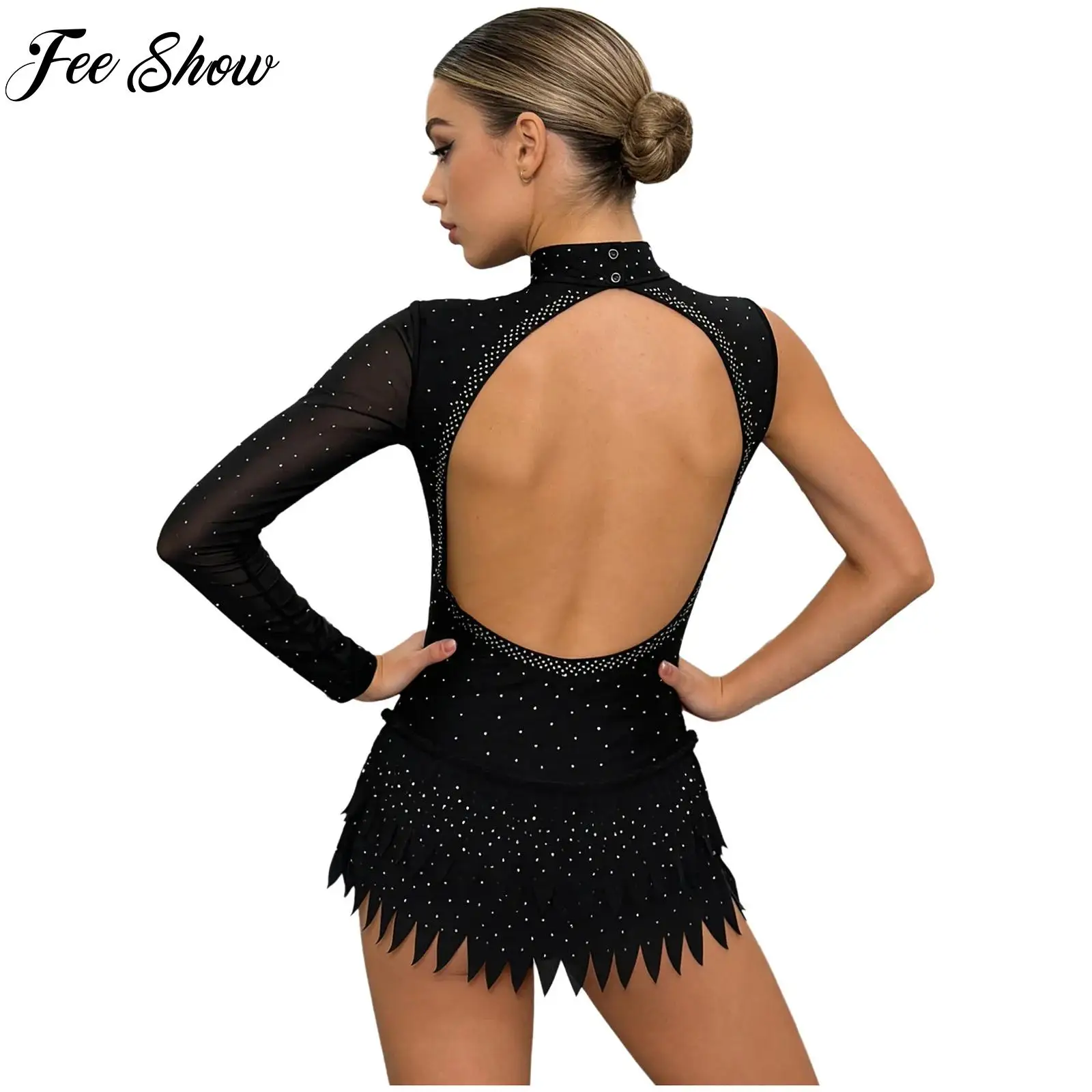 

Women Ballet Figure Skating Dance Leotard Dress Rhinestone Irregular Bodysuit Jumpsuit for Chacha Rumba Samba Latin Tango