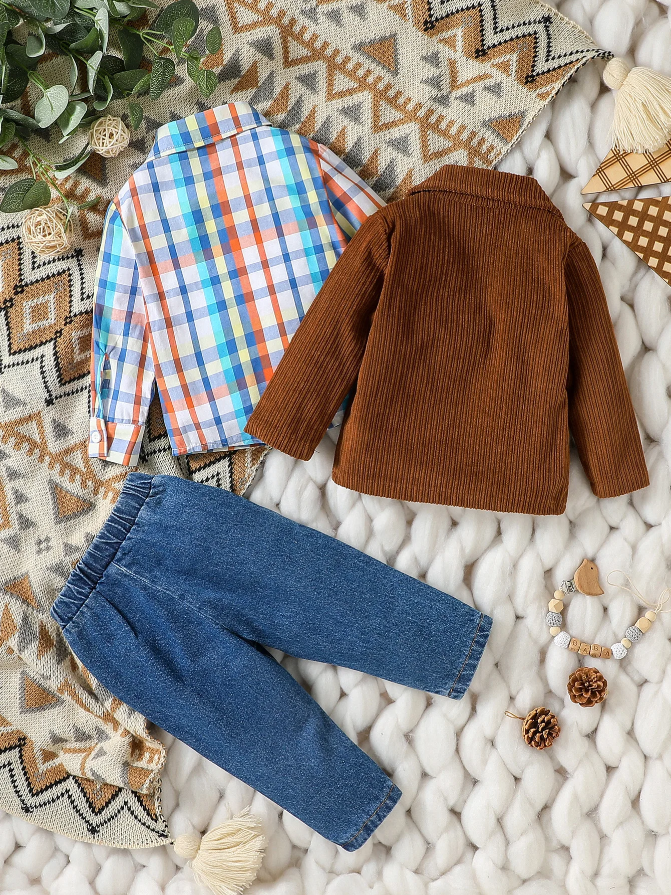 3Pcs Baby Boys LOng Sleeve Autumn/Winter Plaid Shirt &Brown Coat+ Jeans For Casual Daily Wear 6M-3Y Set